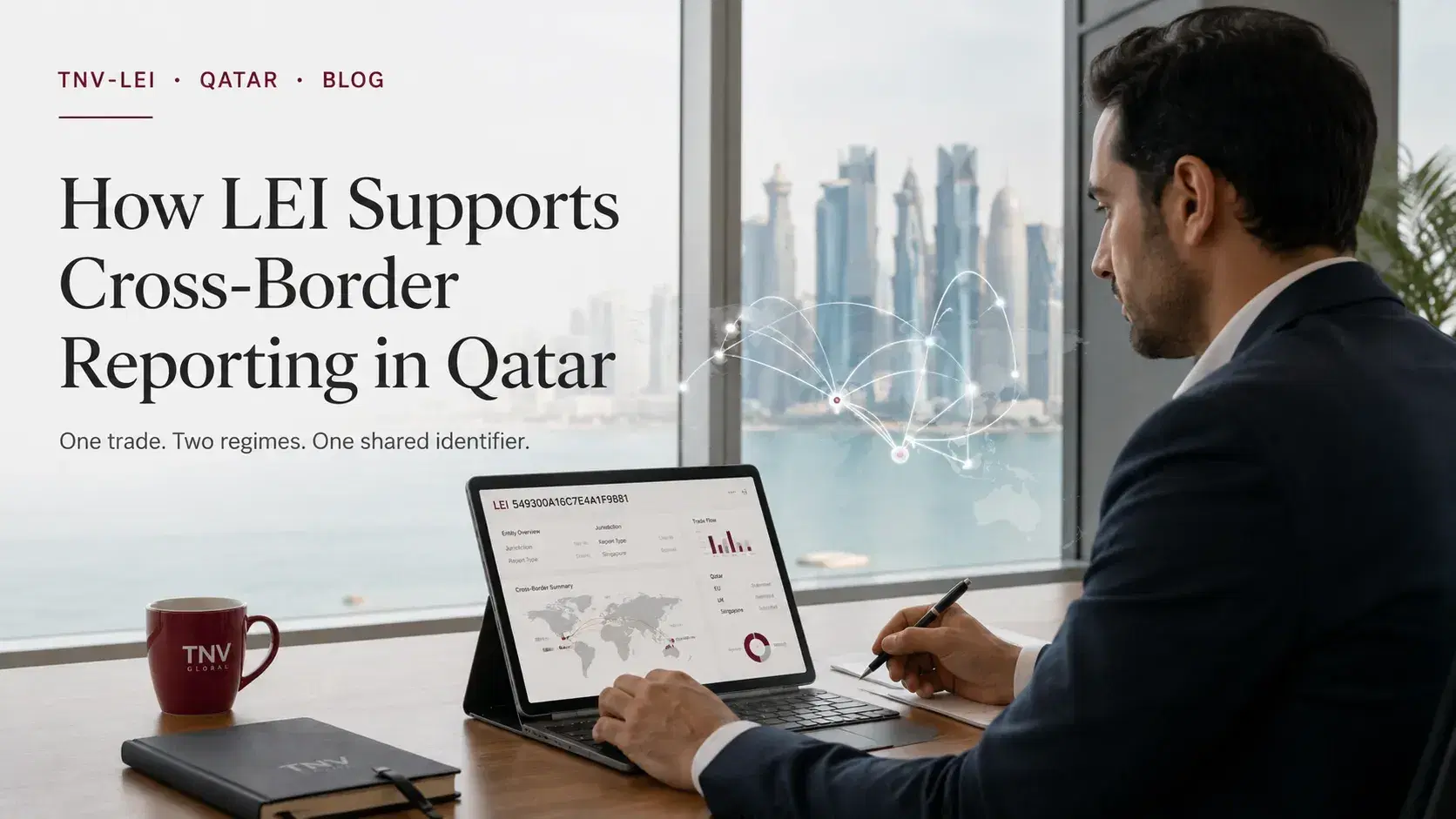 Professional reviewing international trade data and LEI details, illustrating cross-border reporting from Qatar.