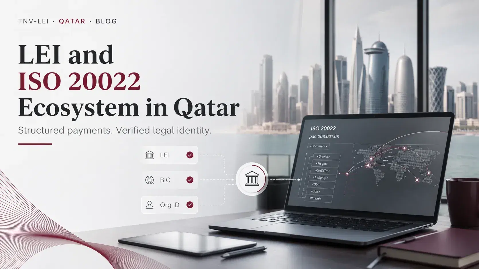 Laptop showing ISO 20022 financial messaging connected with LEI, BIC and organisation identification in Qatar.